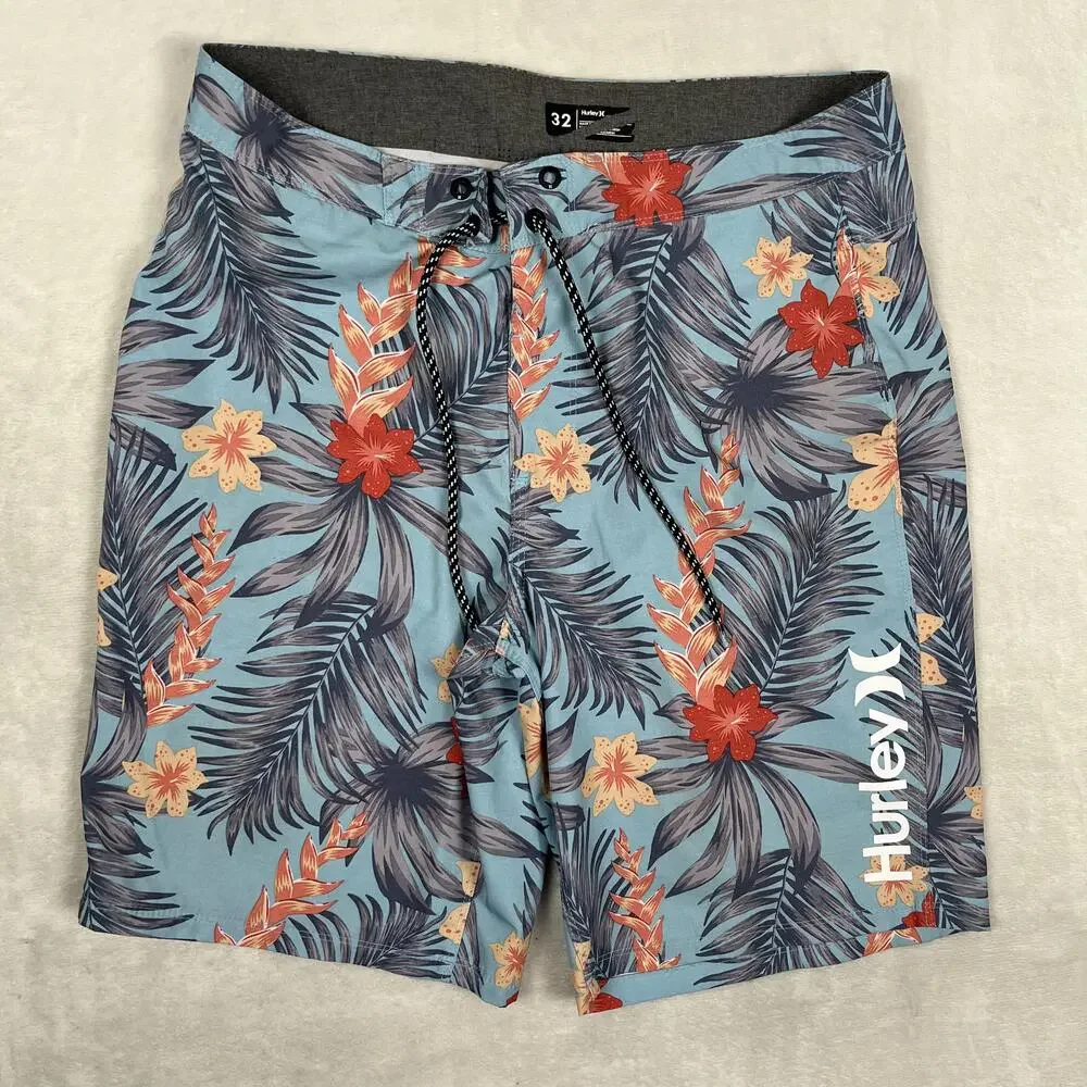 Hurley Board Shorts Mens 32 Blue Hawaiian Floral Surf Swim Trunks Tropical